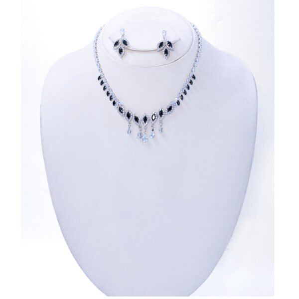 Shiny Black Cubic Zircon Tear Drop Necklace Earrings Set Wedding Jewelry Set Silver Black