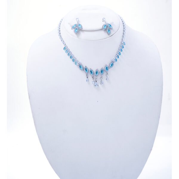 Shiny Black Cubic Zircon Tear Drop Necklace Earrings Set Wedding Jewelry Set White & Aqua Blue